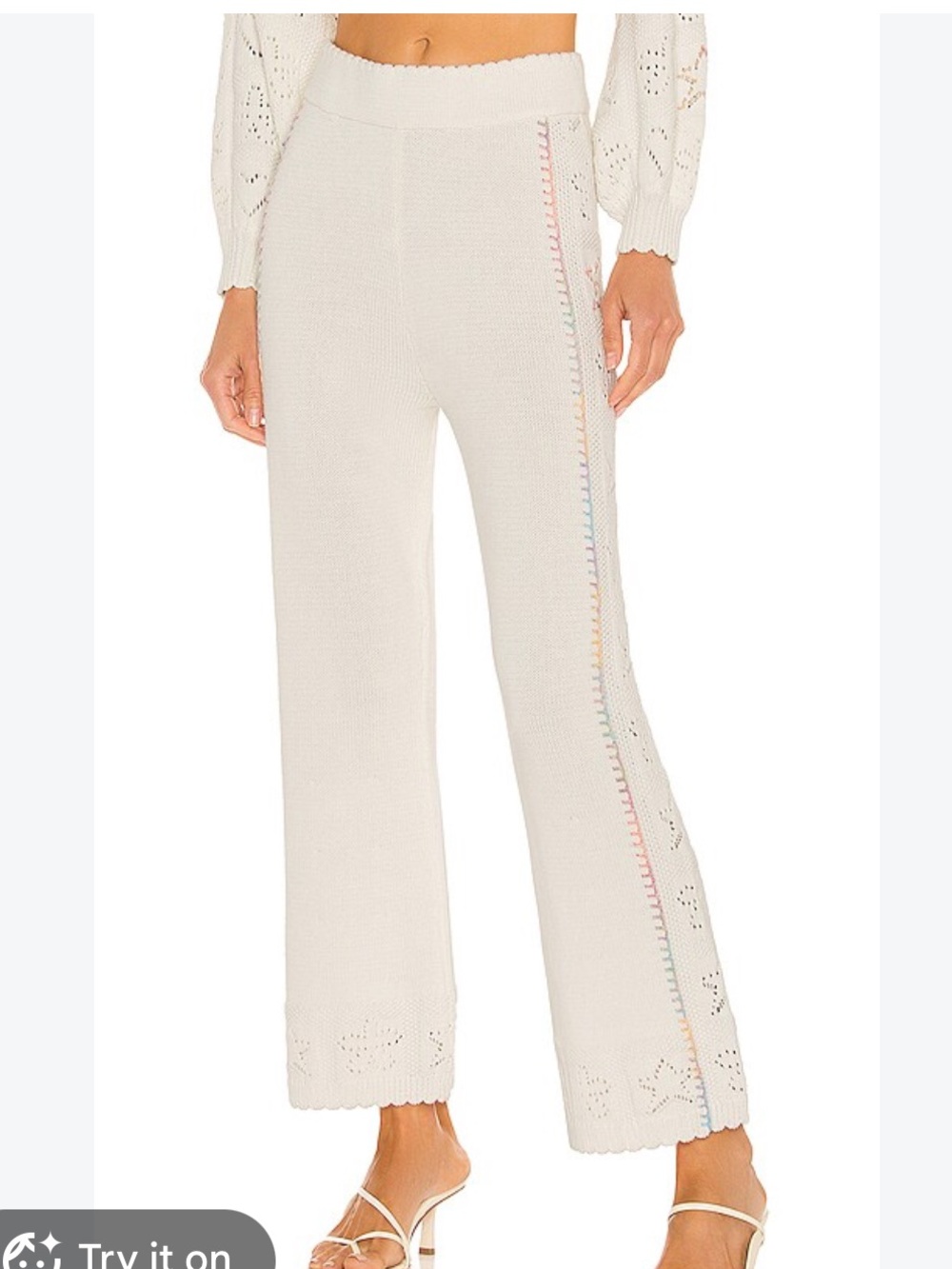 LoveShackFancy Wide-Leg Knit Pants in Antique White with Rainbow Stitch